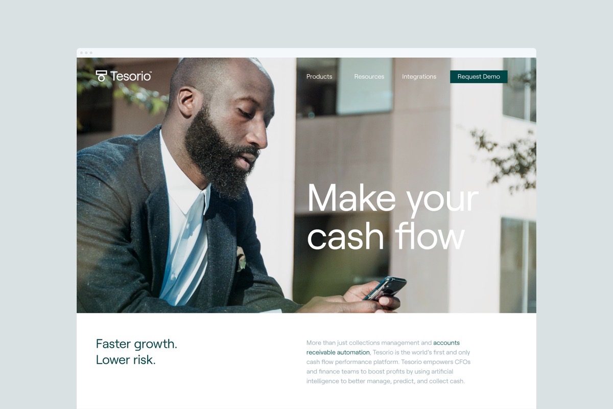 Tesorio website design showcasing the Cash Flow Performance Platform